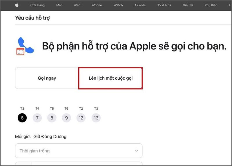 Gọi điện hoặc book lịch trên trang web hỗ trợ của Apple